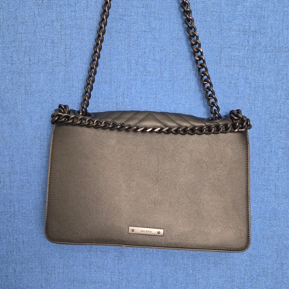 Aldo Black Chevron Quilted Chain Crossbody Bag Gunmetal Hardware Handbag - Picture 2 of 7